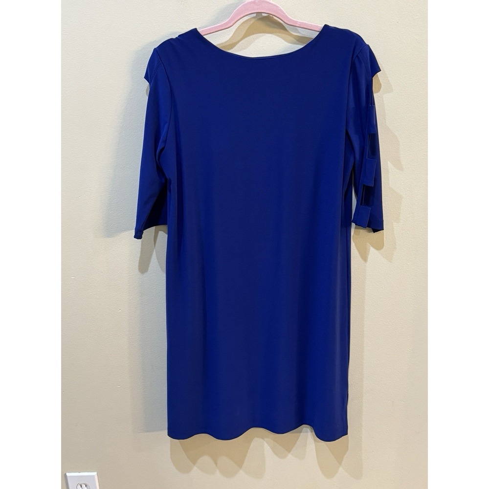 Clara Sun Woo Sheath Dress Royal Blue Jersey Stretch Open Sleeve Size Large Slit - Picture 3 of 10